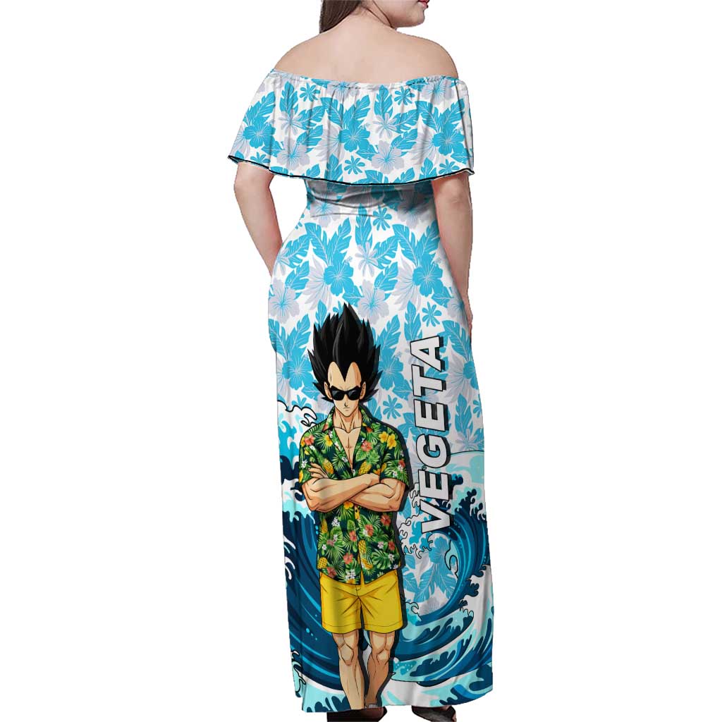 Vegeta Dragon Ball Summer Theme Family Matching Off Shoulder Maxi Dress and Hawaiian Shirt with Hawaiian Shirt Sunglasses Shenron and Ocean Wave Background