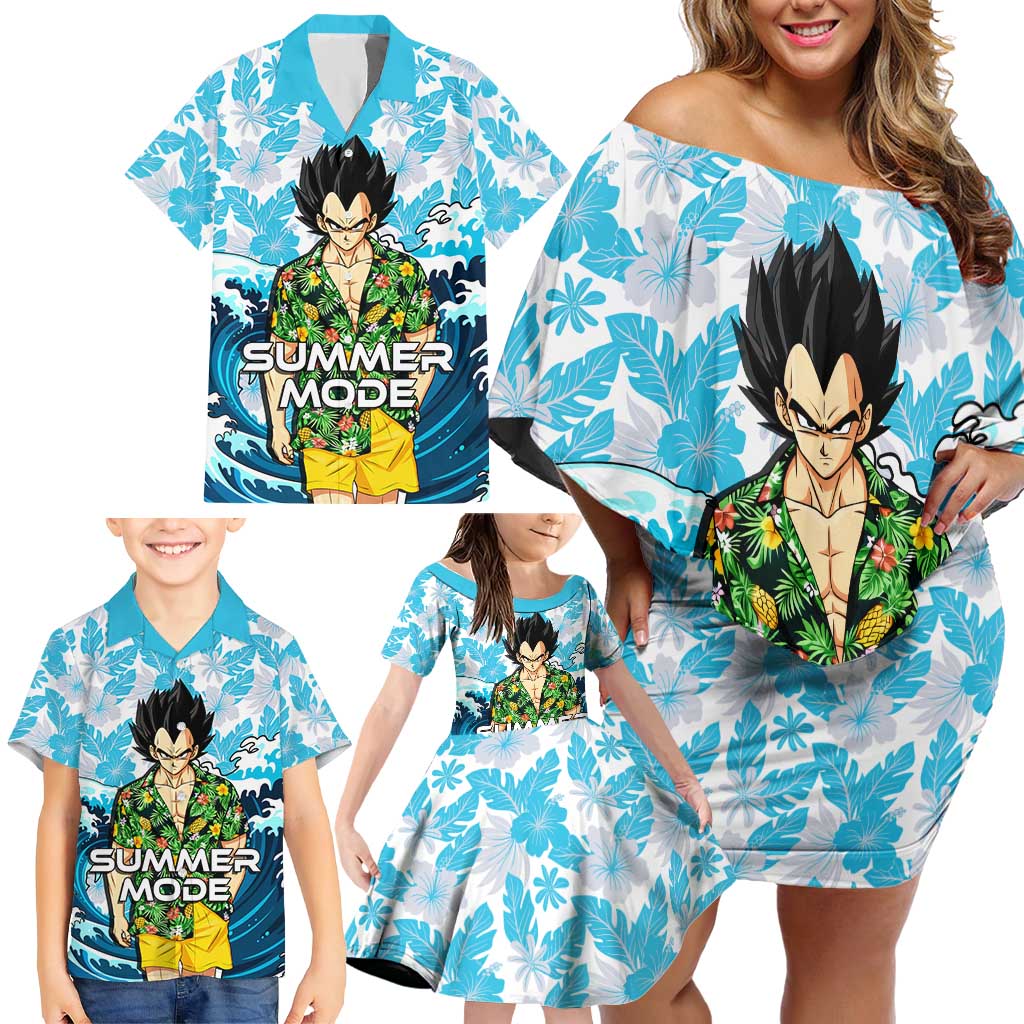 Vegeta Dragon Ball Summer Theme Family Matching Off Shoulder Short Dress and Hawaiian Shirt with Hawaiian Shirt Sunglasses Shenron and Ocean Wave Background