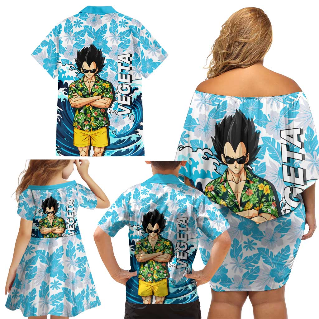 Vegeta Dragon Ball Summer Theme Family Matching Off Shoulder Short Dress and Hawaiian Shirt with Hawaiian Shirt Sunglasses Shenron and Ocean Wave Background