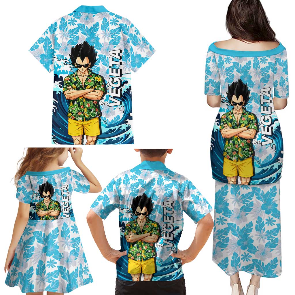 Vegeta Dragon Ball Summer Theme Family Matching Puletasi and Hawaiian Shirt with Hawaiian Shirt Sunglasses Shenron and Ocean Wave Background