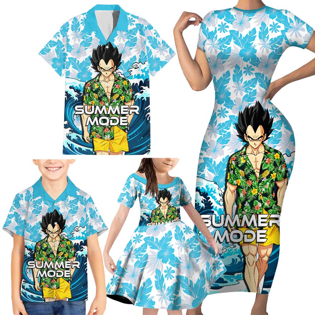 Vegeta Dragon Ball Summer Theme Family Matching Short Sleeve Bodycon Dress and Hawaiian Shirt with Hawaiian Shirt Sunglasses Shenron and Ocean Wave Background