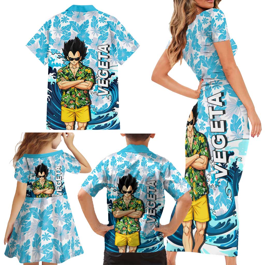 Vegeta Dragon Ball Summer Theme Family Matching Short Sleeve Bodycon Dress and Hawaiian Shirt with Hawaiian Shirt Sunglasses Shenron and Ocean Wave Background