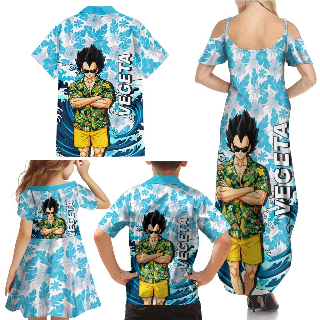 Vegeta Dragon Ball Summer Theme Family Matching Summer Maxi Dress and Hawaiian Shirt with Hawaiian Shirt Sunglasses Shenron and Ocean Wave Background