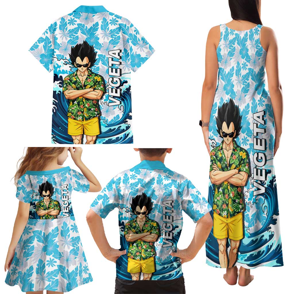 Vegeta Dragon Ball Summer Theme Family Matching Tank Maxi Dress and Hawaiian Shirt with Hawaiian Shirt Sunglasses Shenron and Ocean Wave Background