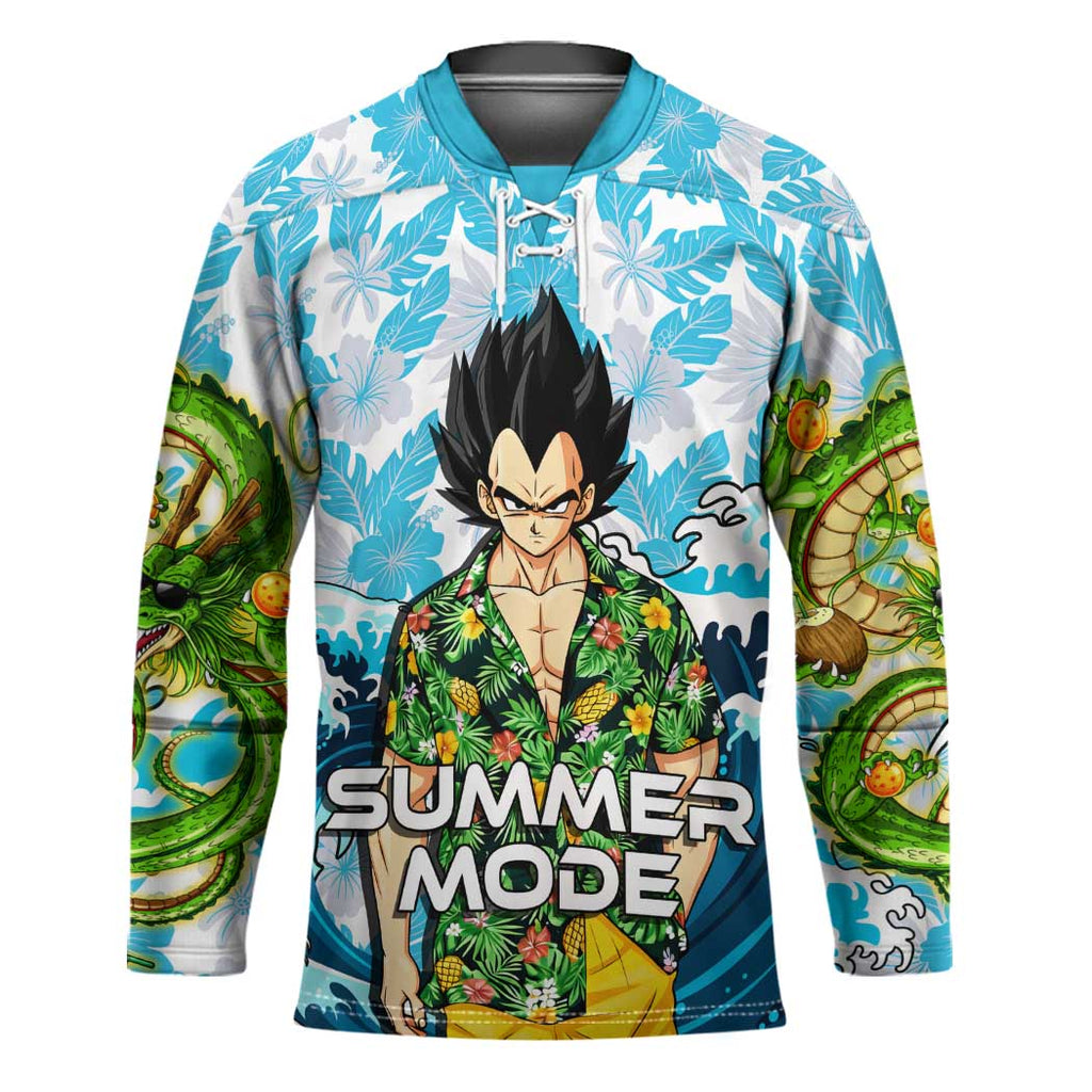 Vegeta Dragon Ball Summer Theme Hockey Jersey with Hawaiian Shirt Sunglasses Shenron and Ocean Wave Background - The Mazicc