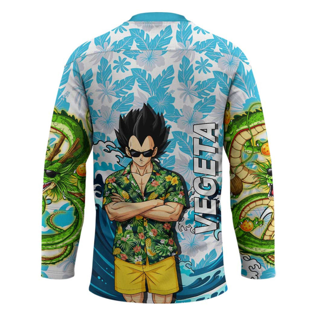 Vegeta Dragon Ball Summer Theme Hockey Jersey with Hawaiian Shirt Sunglasses Shenron and Ocean Wave Background - The Mazicc
