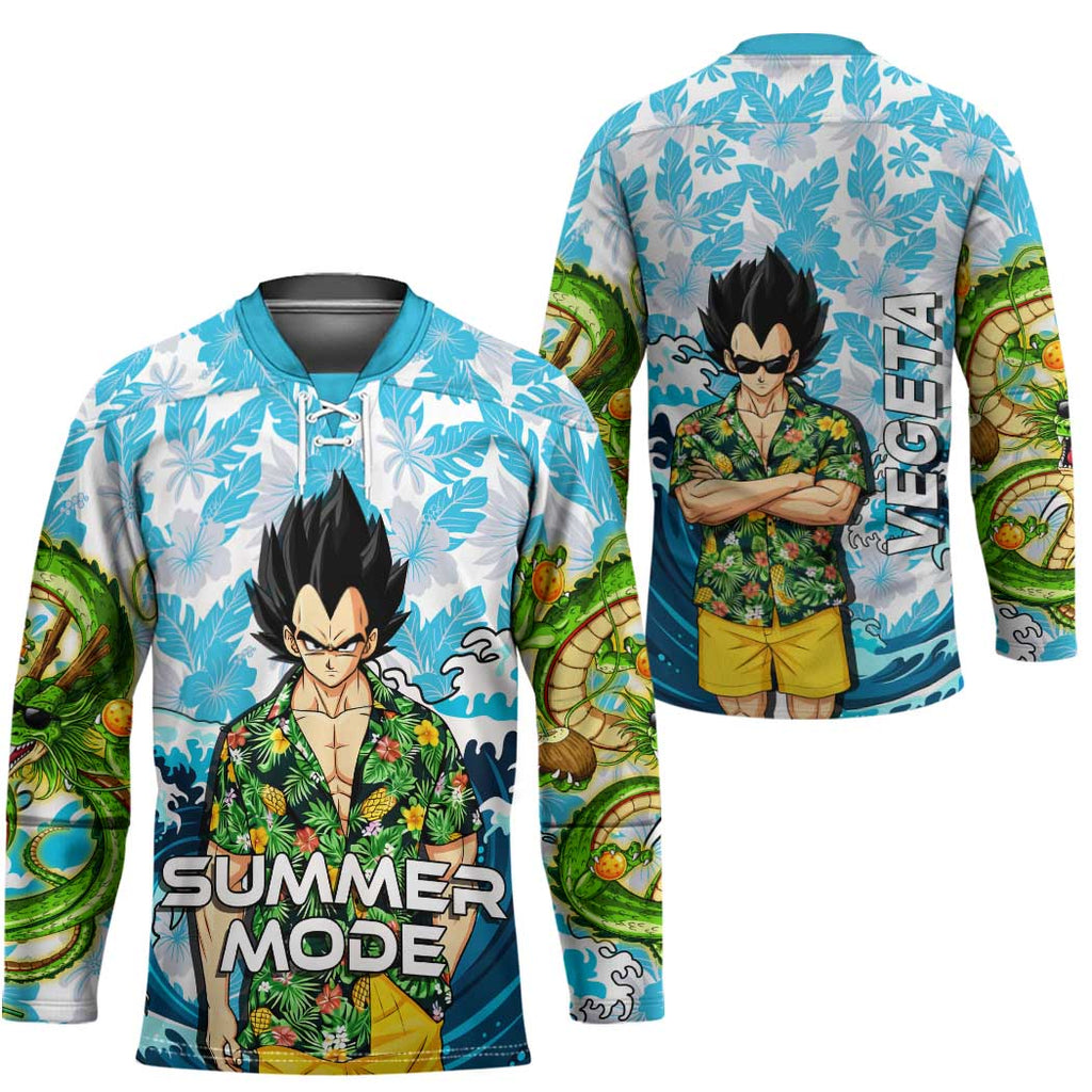 Vegeta Dragon Ball Summer Theme Hockey Jersey with Hawaiian Shirt Sunglasses Shenron and Ocean Wave Background - The Mazicc