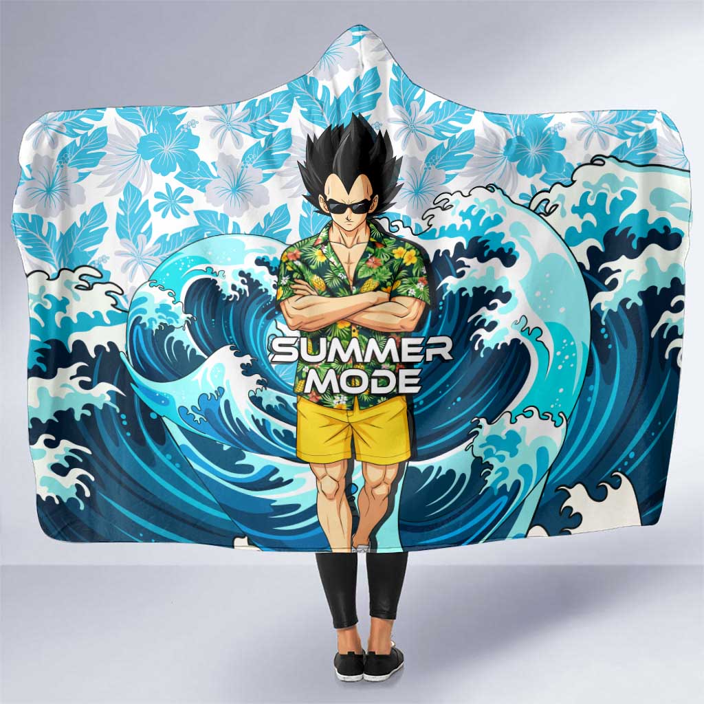 Vegeta Dragon Ball Summer Theme Hooded Blanket with Hawaiian Shirt Sunglasses Shenron and Ocean Wave Background - The Mazicc