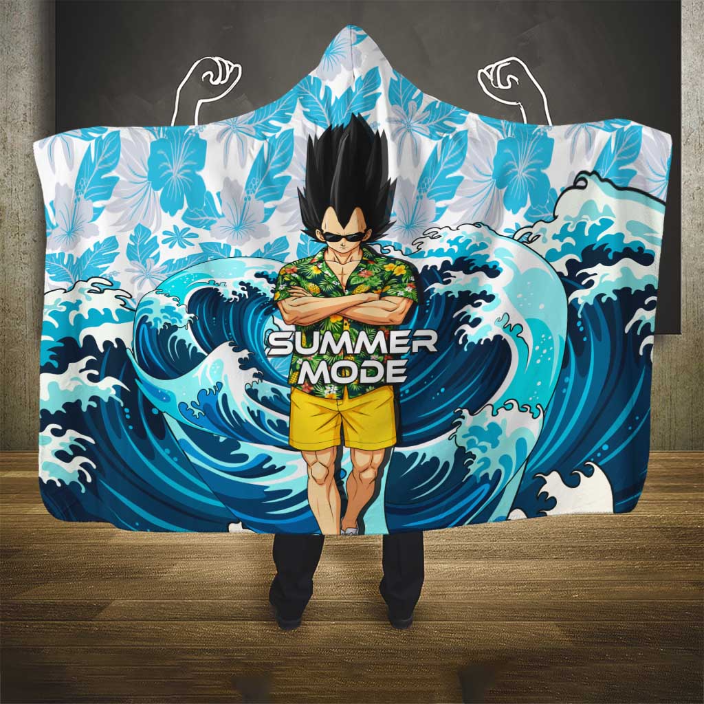 Vegeta Dragon Ball Summer Theme Hooded Blanket with Hawaiian Shirt Sunglasses Shenron and Ocean Wave Background - The Mazicc