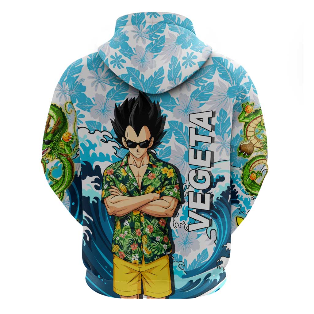 Vegeta Dragon Ball Summer Theme Hoodie with Hawaiian Shirt Sunglasses Shenron and Ocean Wave Background - The Mazicc