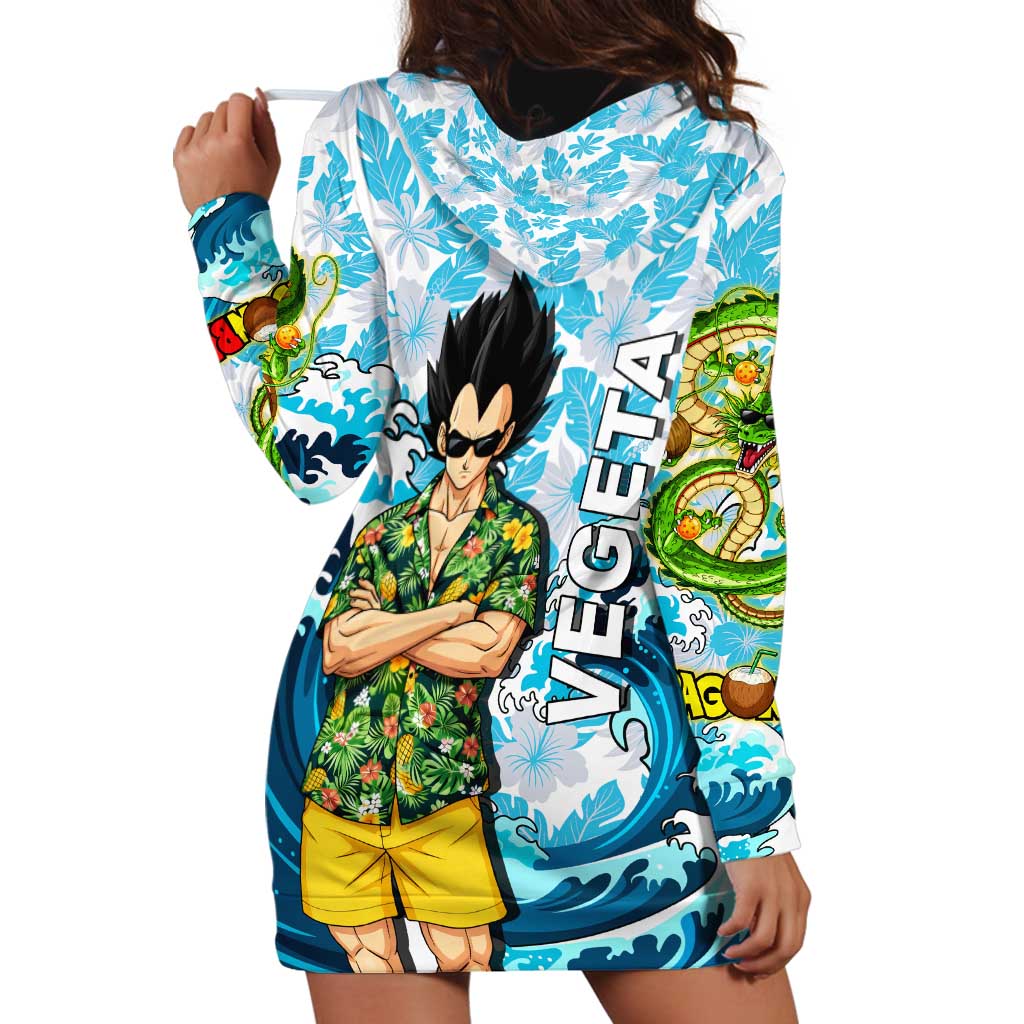 Vegeta Dragon Ball Summer Theme Hoodie Dress with Hawaiian Shirt Sunglasses Shenron and Ocean Wave Background - The Mazicc