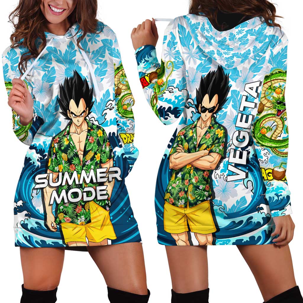Vegeta Dragon Ball Summer Theme Hoodie Dress with Hawaiian Shirt Sunglasses Shenron and Ocean Wave Background - The Mazicc