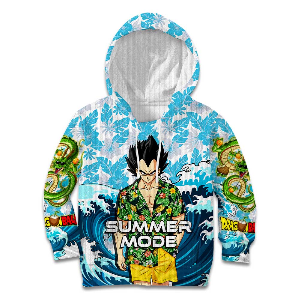Vegeta Dragon Ball Summer Theme Kid Hoodie with Hawaiian Shirt Sunglasses Shenron and Ocean Wave Background - The Mazicc