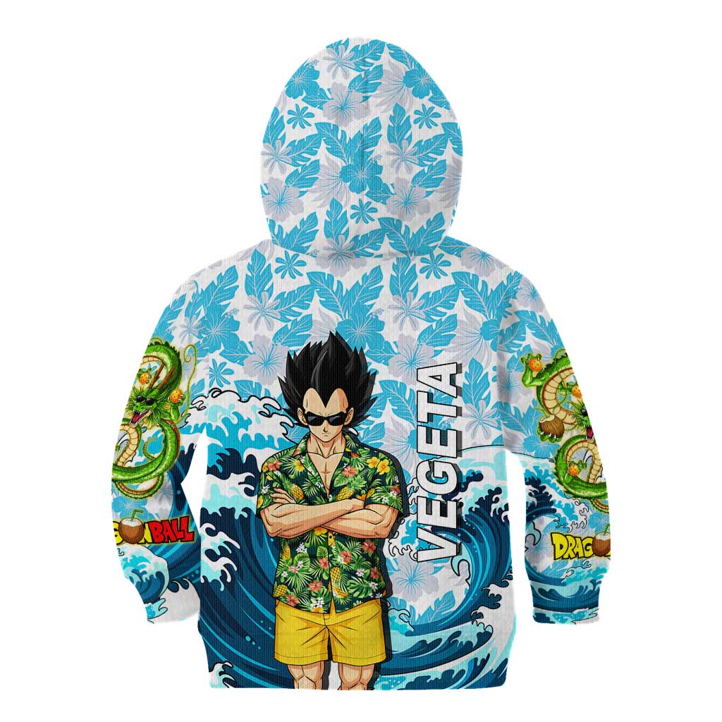 Vegeta Dragon Ball Summer Theme Kid Hoodie with Hawaiian Shirt Sunglasses Shenron and Ocean Wave Background - The Mazicc