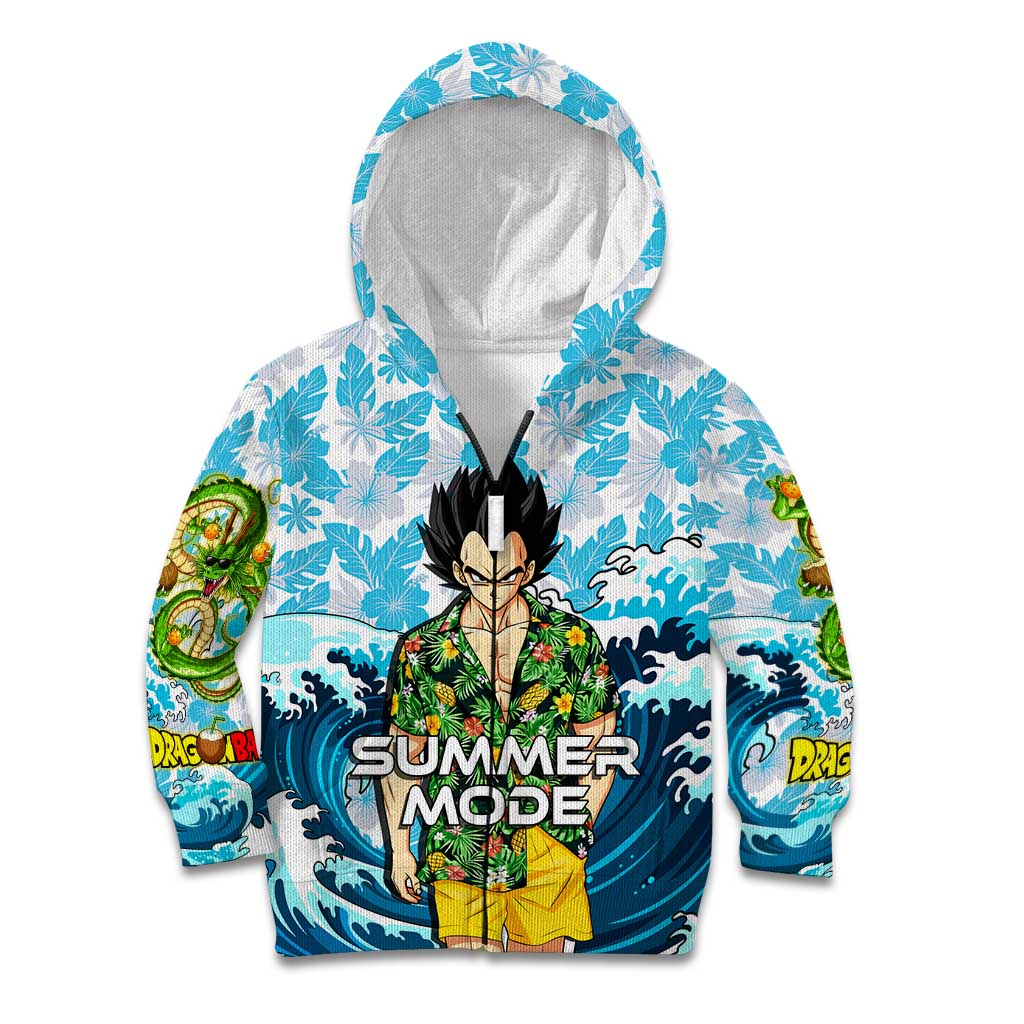 Vegeta Dragon Ball Summer Theme Kid Hoodie with Hawaiian Shirt Sunglasses Shenron and Ocean Wave Background - The Mazicc