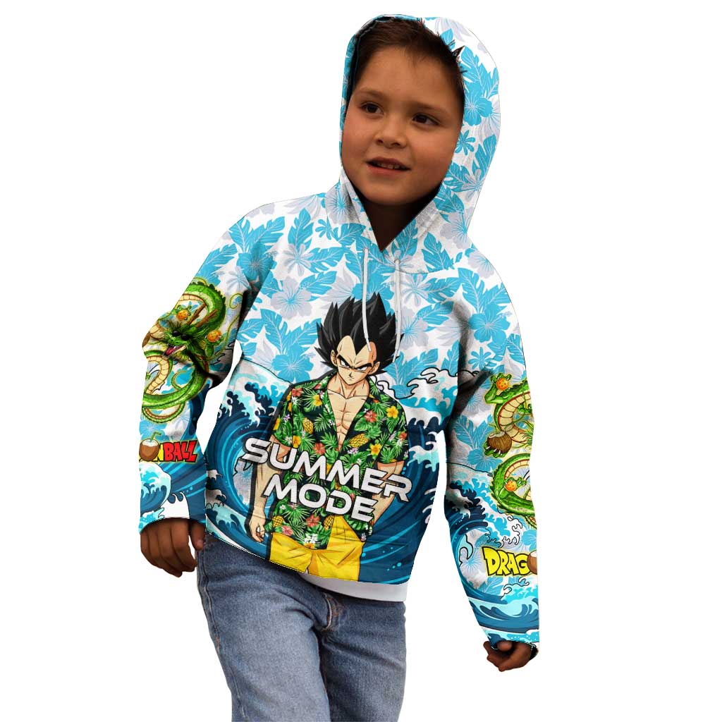 Vegeta Dragon Ball Summer Theme Kid Hoodie with Hawaiian Shirt Sunglasses Shenron and Ocean Wave Background - The Mazicc