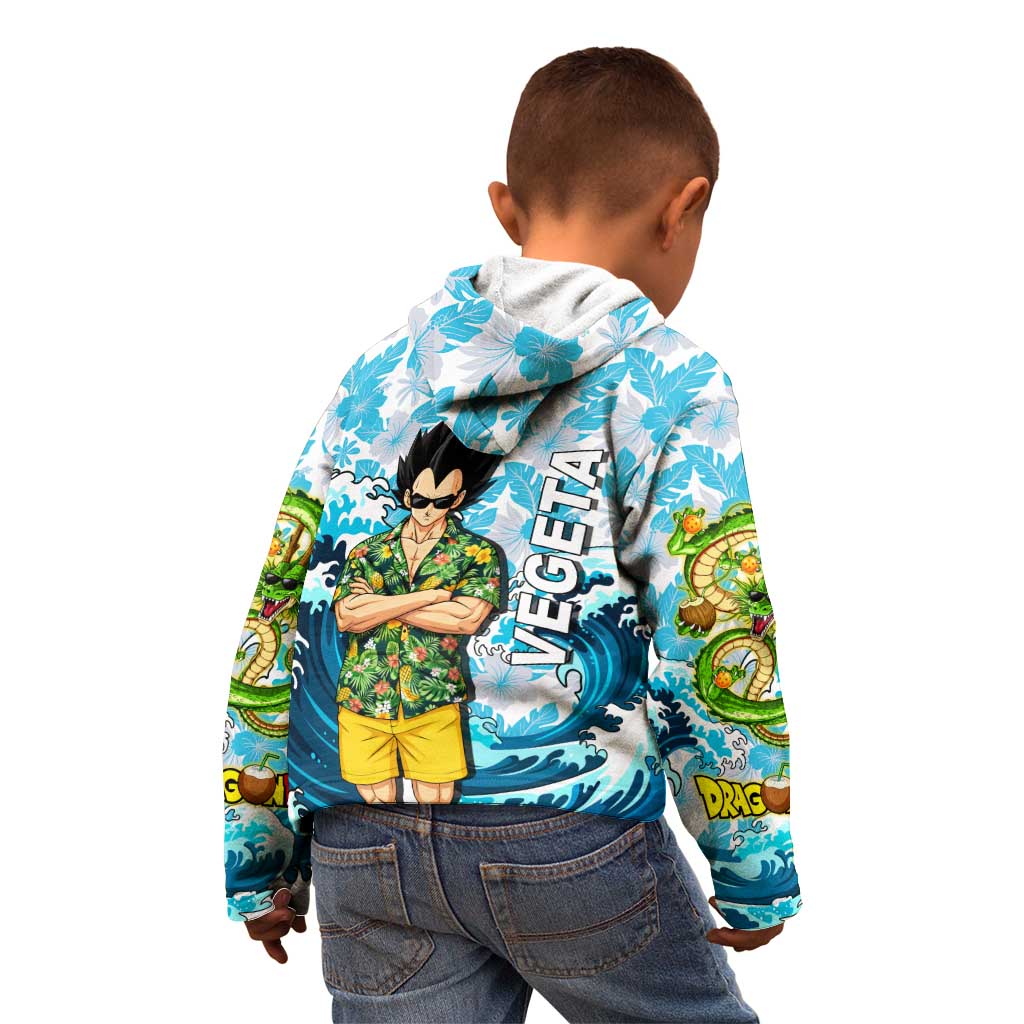 Vegeta Dragon Ball Summer Theme Kid Hoodie with Hawaiian Shirt Sunglasses Shenron and Ocean Wave Background - The Mazicc