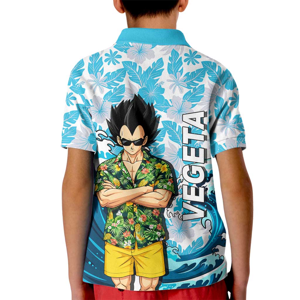 Vegeta Dragon Ball Summer Theme Kid Polo Shirt with Hawaiian Shirt Sunglasses Shenron and Ocean Wave Background - The Mazicc