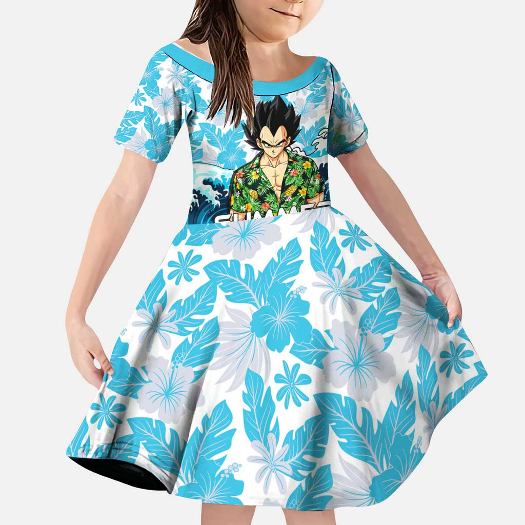 Vegeta Dragon Ball Summer Theme Kid Short Sleeve Dress with Hawaiian Shirt Sunglasses Shenron and Ocean Wave Background - The Mazicc