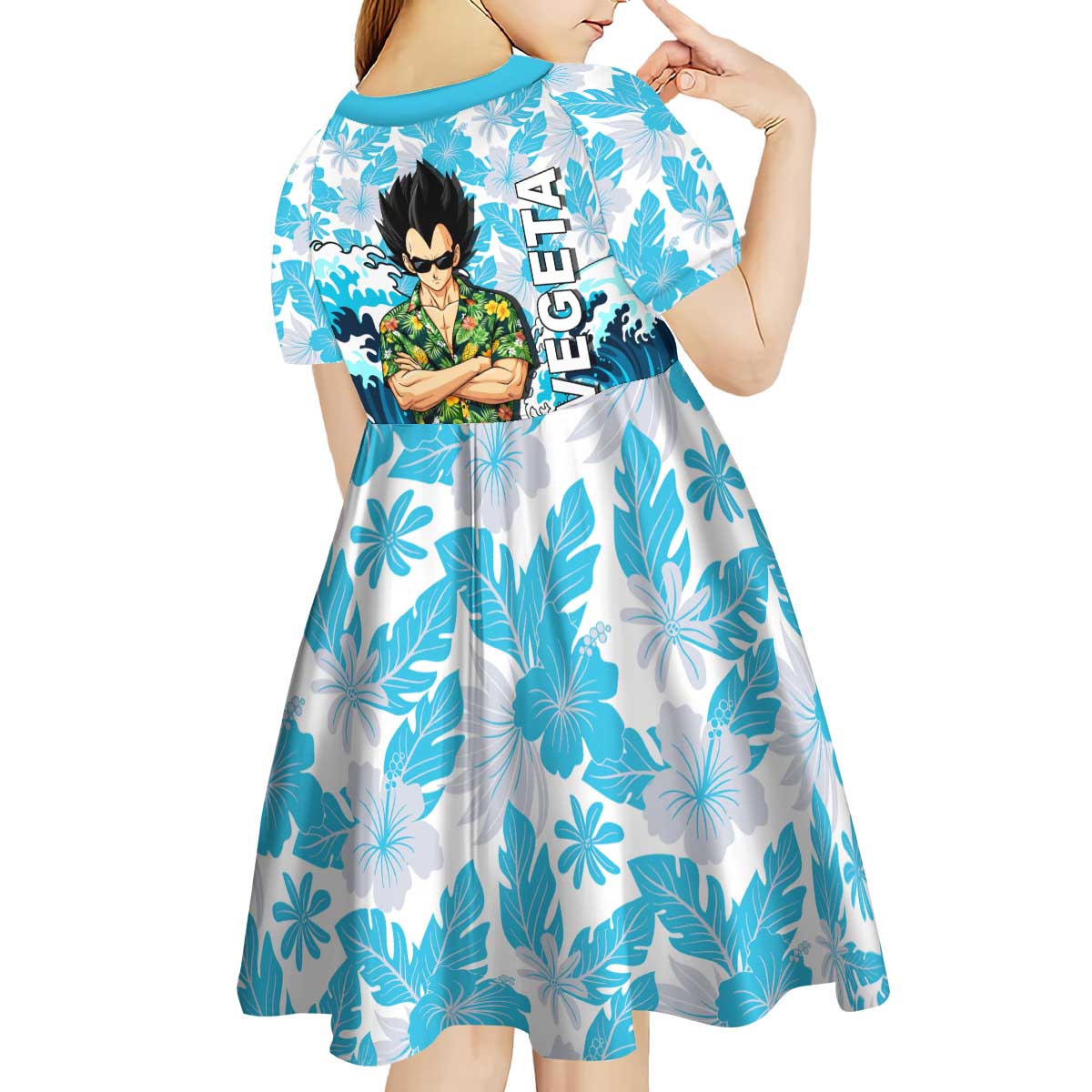 Vegeta Dragon Ball Summer Theme Kid Short Sleeve Dress with Hawaiian Shirt Sunglasses Shenron and Ocean Wave Background - The Mazicc