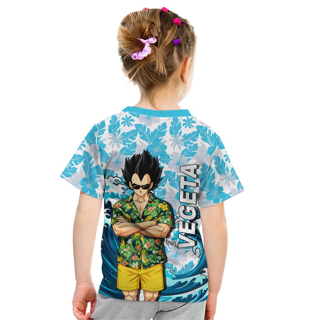 Vegeta Dragon Ball Summer Theme Kid T Shirt with Hawaiian Shirt Sunglasses Shenron and Ocean Wave Background - The Mazicc