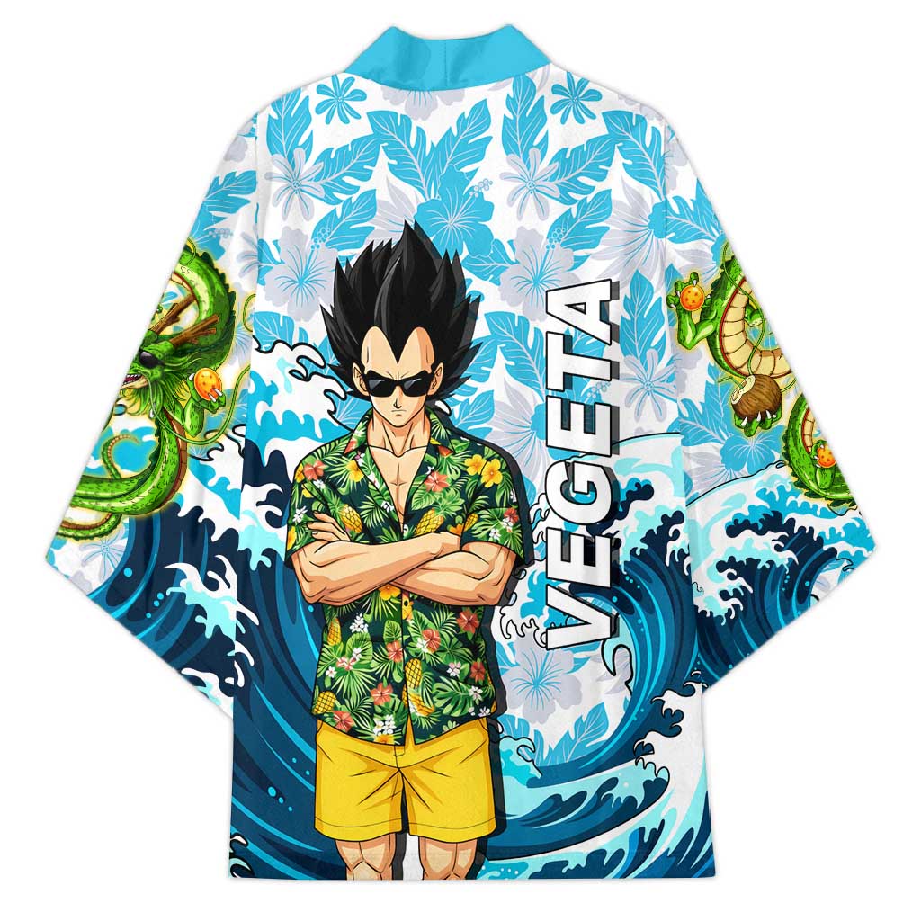 Vegeta Dragon Ball Summer Theme Kimono with Hawaiian Shirt Sunglasses Shenron and Ocean Wave Background - The Mazicc