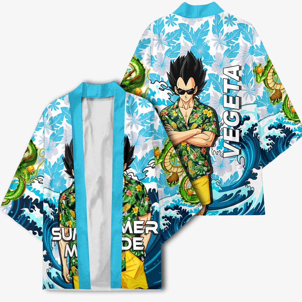 Vegeta Dragon Ball Summer Theme Kimono with Hawaiian Shirt Sunglasses Shenron and Ocean Wave Background - The Mazicc