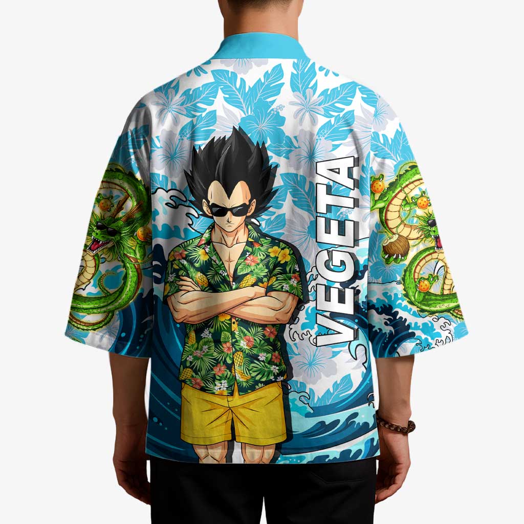 Vegeta Dragon Ball Summer Theme Kimono with Hawaiian Shirt Sunglasses Shenron and Ocean Wave Background - The Mazicc