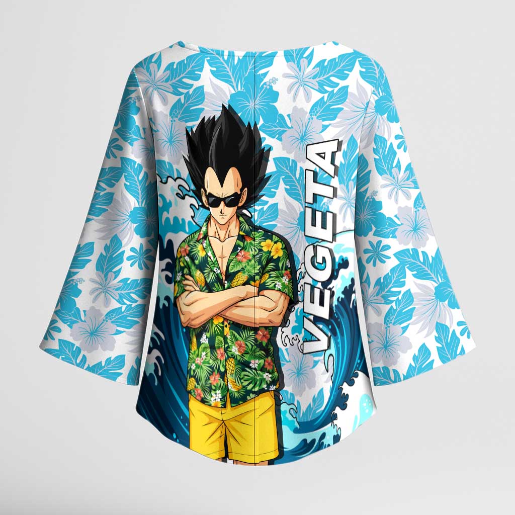Vegeta Dragon Ball Summer Theme Kimono Sleeve Blouse with Hawaiian Shirt Sunglasses Shenron and Ocean Wave Background - The Mazicc