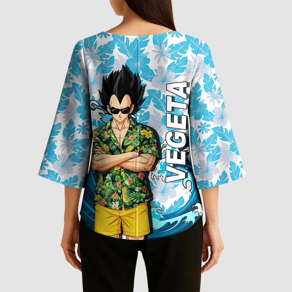 Vegeta Dragon Ball Summer Theme Kimono Sleeve Blouse with Hawaiian Shirt Sunglasses Shenron and Ocean Wave Background - The Mazicc