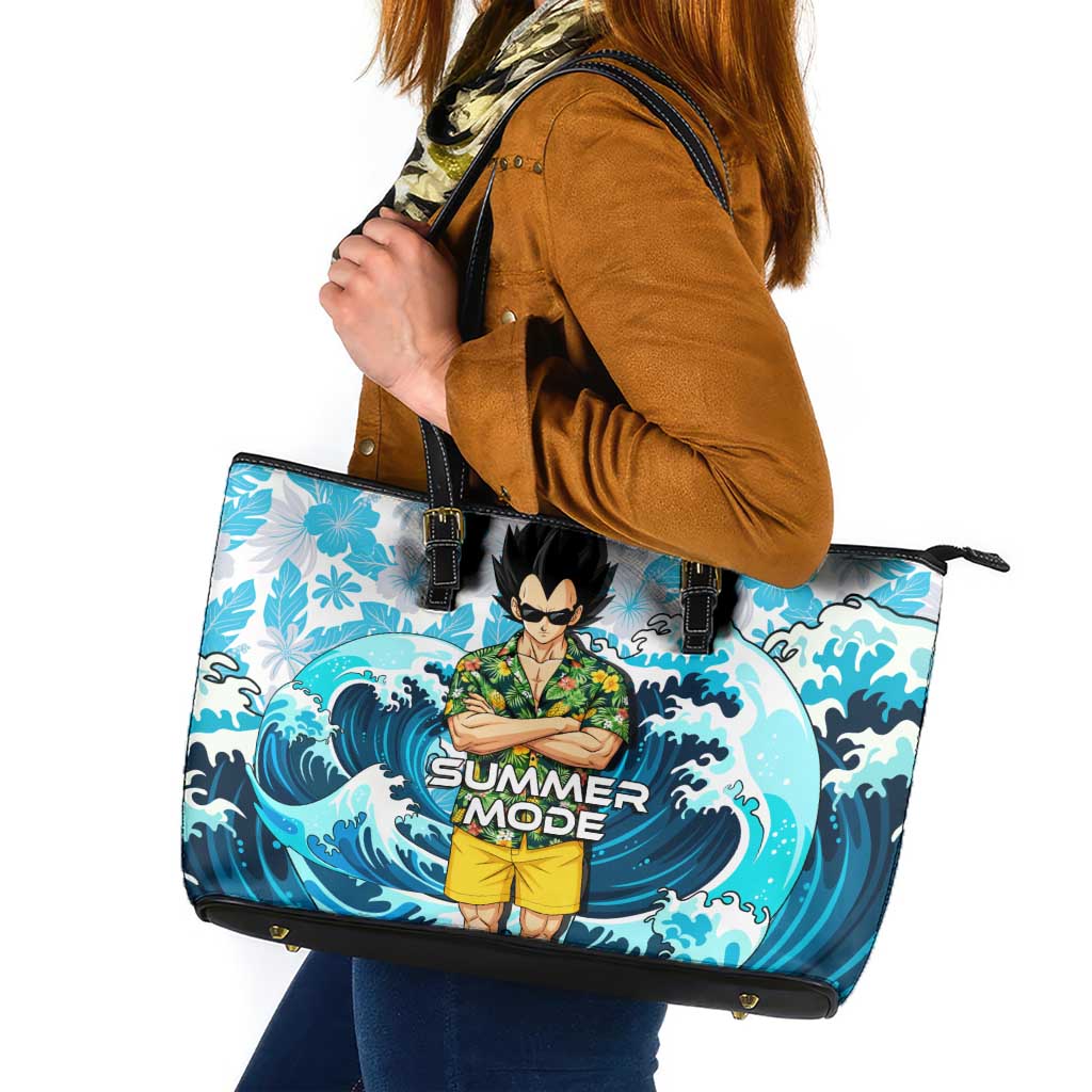 Vegeta Dragon Ball Summer Theme Leather Tote Bag with Hawaiian Shirt Sunglasses Shenron and Ocean Wave Background - The Mazicc