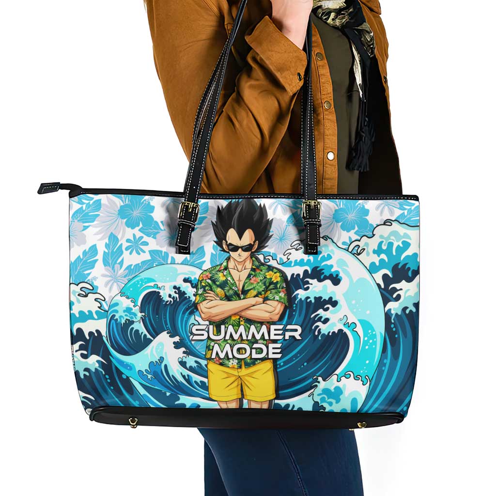 Vegeta Dragon Ball Summer Theme Leather Tote Bag with Hawaiian Shirt Sunglasses Shenron and Ocean Wave Background - The Mazicc