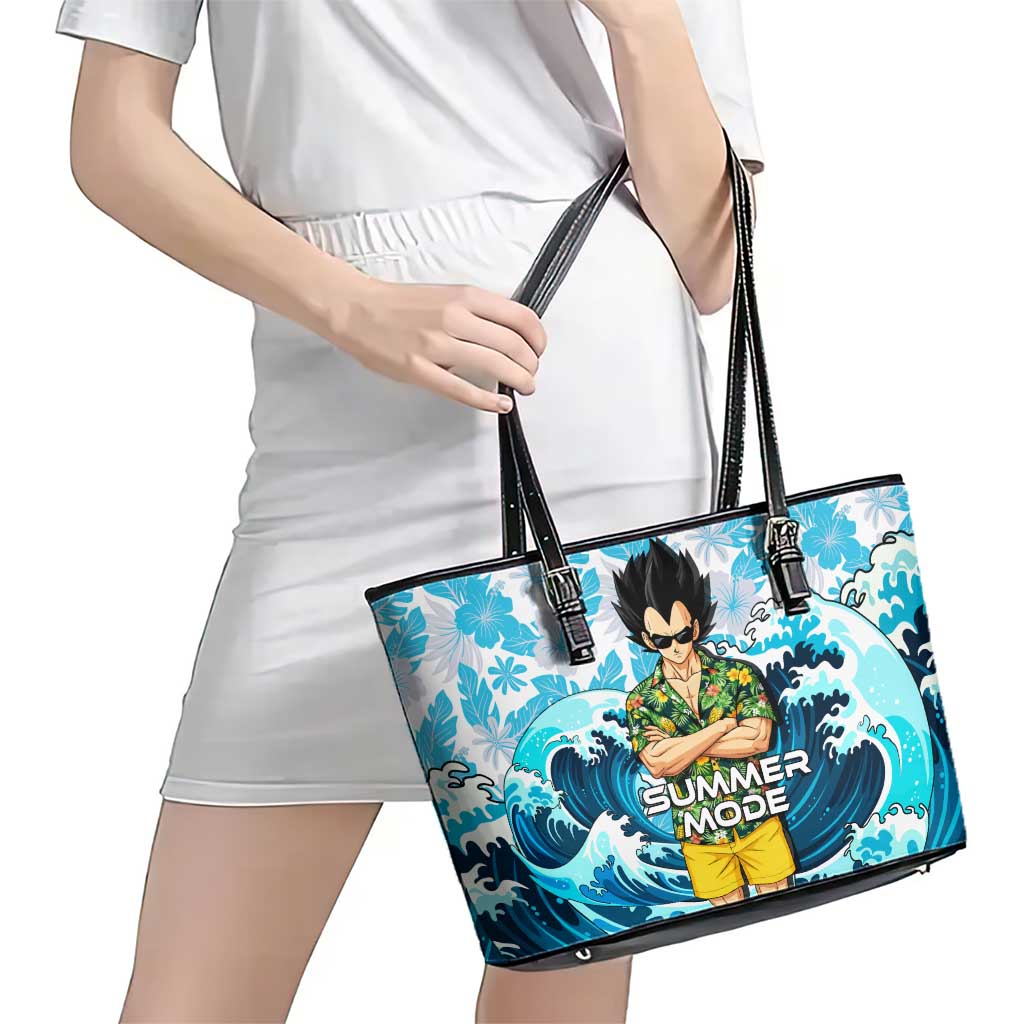 Vegeta Dragon Ball Summer Theme Leather Tote Bag with Hawaiian Shirt Sunglasses Shenron and Ocean Wave Background - The Mazicc