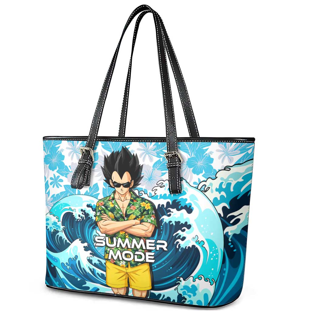 Vegeta Dragon Ball Summer Theme Leather Tote Bag with Hawaiian Shirt Sunglasses Shenron and Ocean Wave Background - The Mazicc