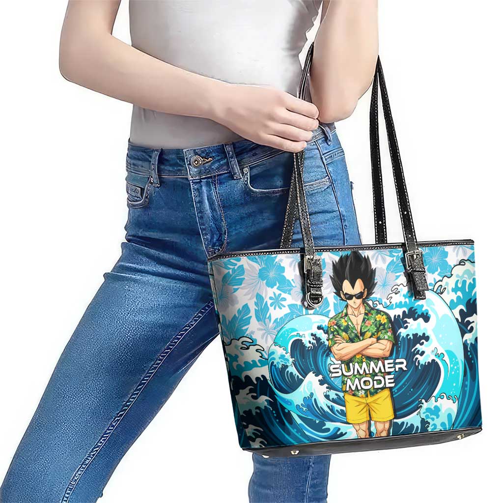 Vegeta Dragon Ball Summer Theme Leather Tote Bag with Hawaiian Shirt Sunglasses Shenron and Ocean Wave Background - The Mazicc