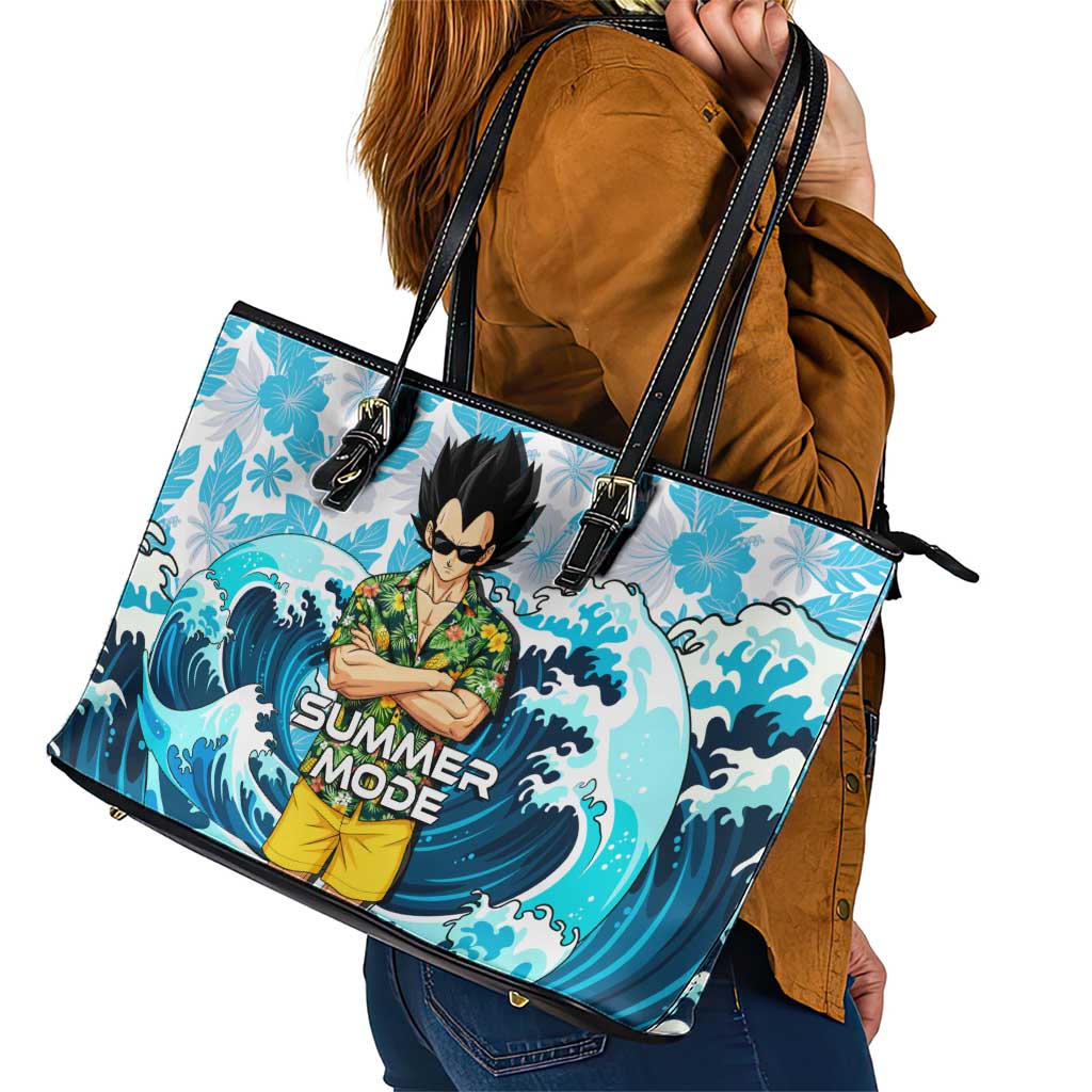 Vegeta Dragon Ball Summer Theme Leather Tote Bag with Hawaiian Shirt Sunglasses Shenron and Ocean Wave Background - The Mazicc