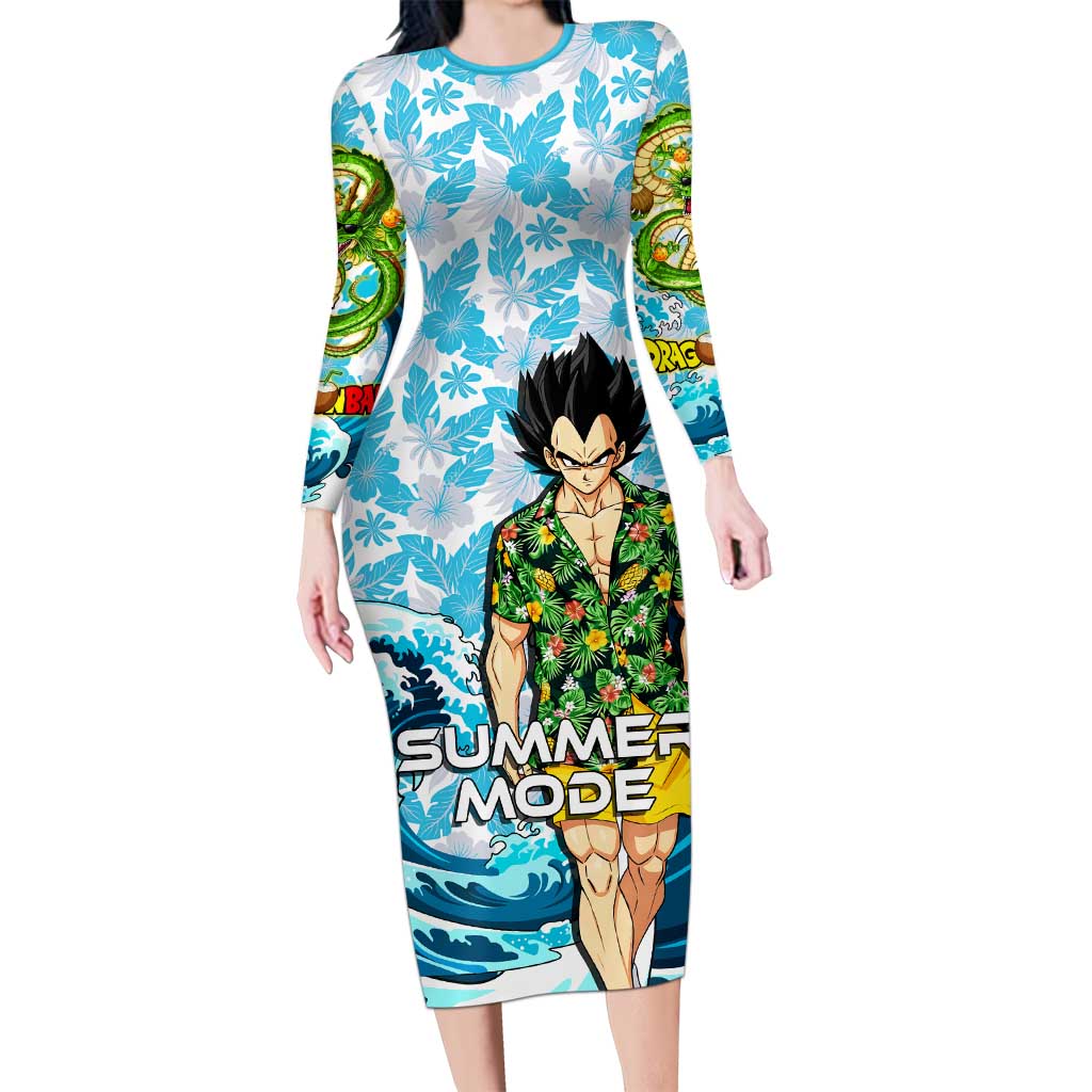 Vegeta Dragon Ball Summer Theme Long Sleeve Bodycon Dress with Hawaiian Shirt Sunglasses Shenron and Ocean Wave Background - The Mazicc