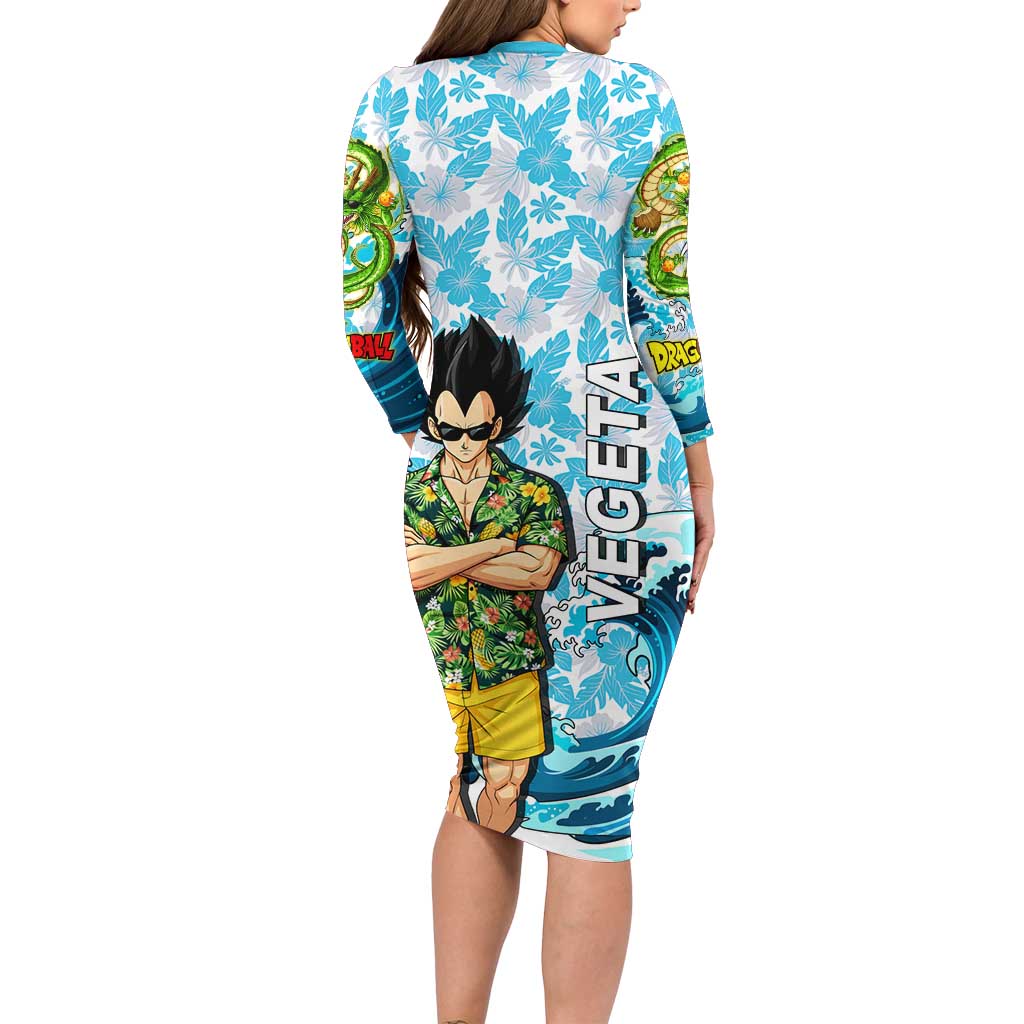 Vegeta Dragon Ball Summer Theme Long Sleeve Bodycon Dress with Hawaiian Shirt Sunglasses Shenron and Ocean Wave Background - The Mazicc