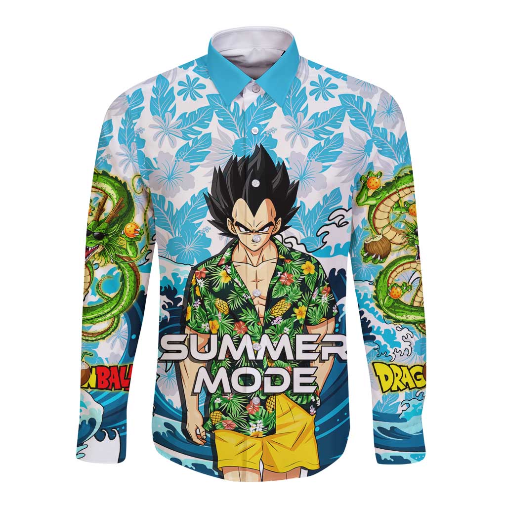 Vegeta Dragon Ball Summer Theme Long Sleeve Button Shirt with Hawaiian Shirt Sunglasses Shenron and Ocean Wave Background - The Mazicc