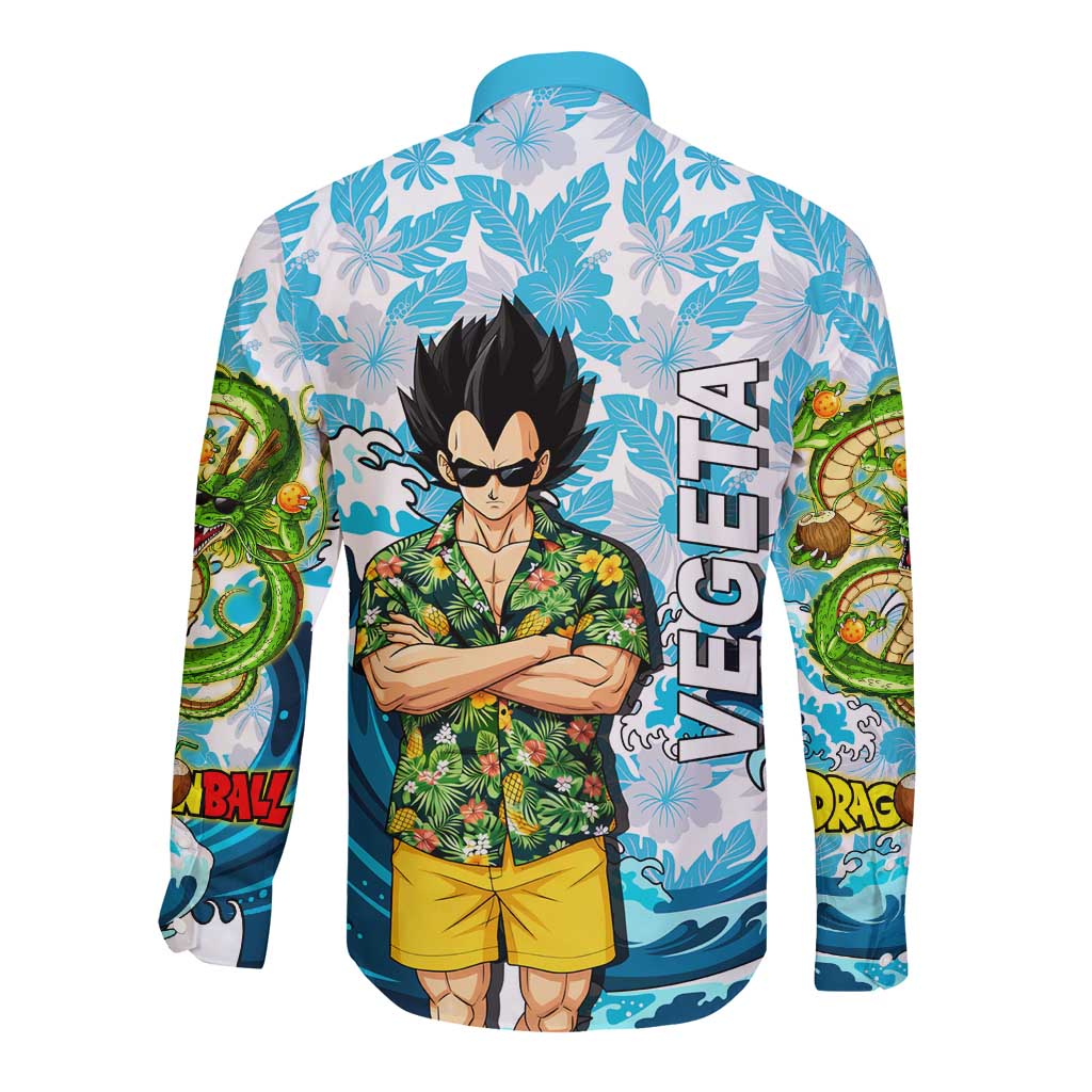 Vegeta Dragon Ball Summer Theme Long Sleeve Button Shirt with Hawaiian Shirt Sunglasses Shenron and Ocean Wave Background - The Mazicc