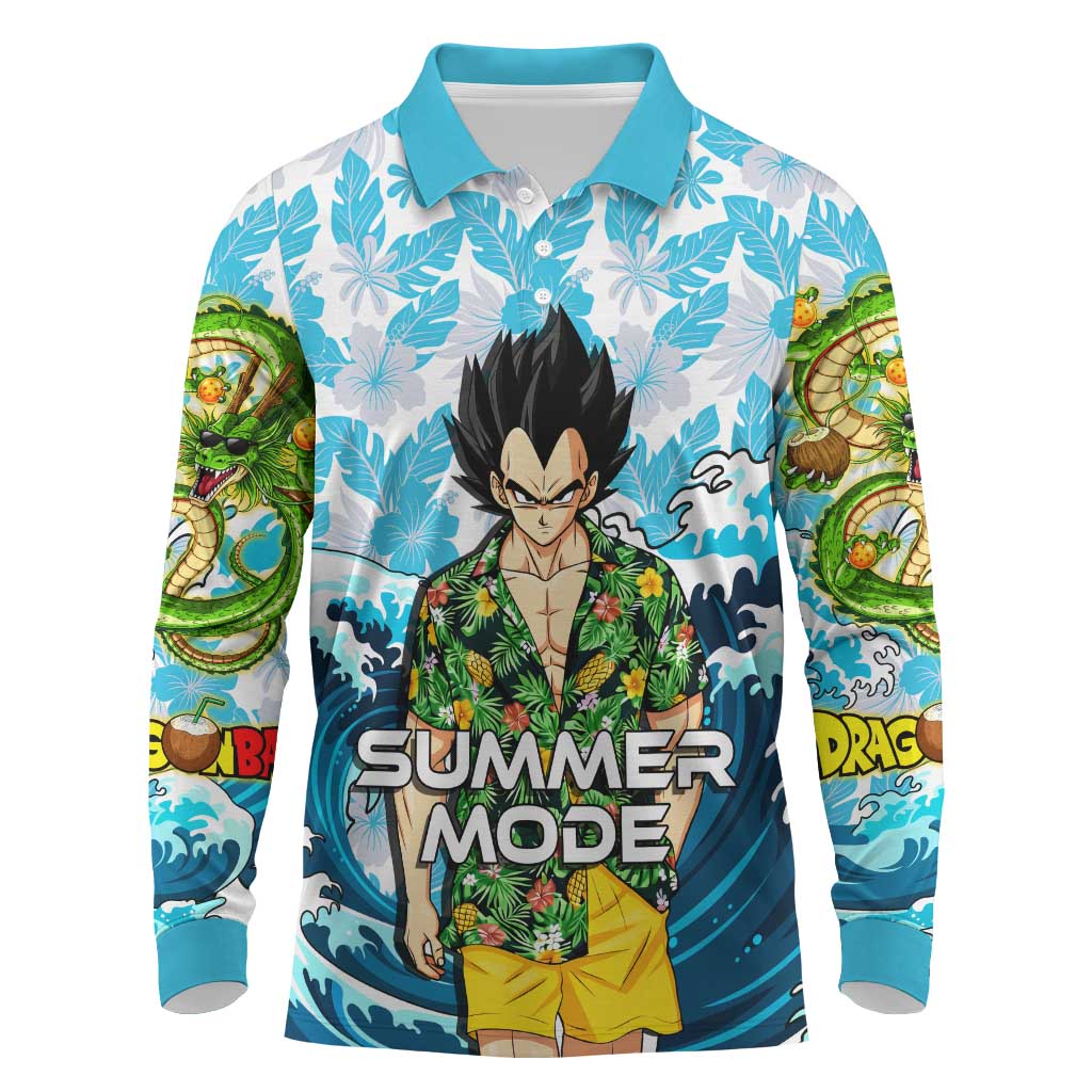 Vegeta Dragon Ball Summer Theme Long Sleeve Polo Shirt with Hawaiian Shirt Sunglasses Shenron and Ocean Wave Background - The Mazicc