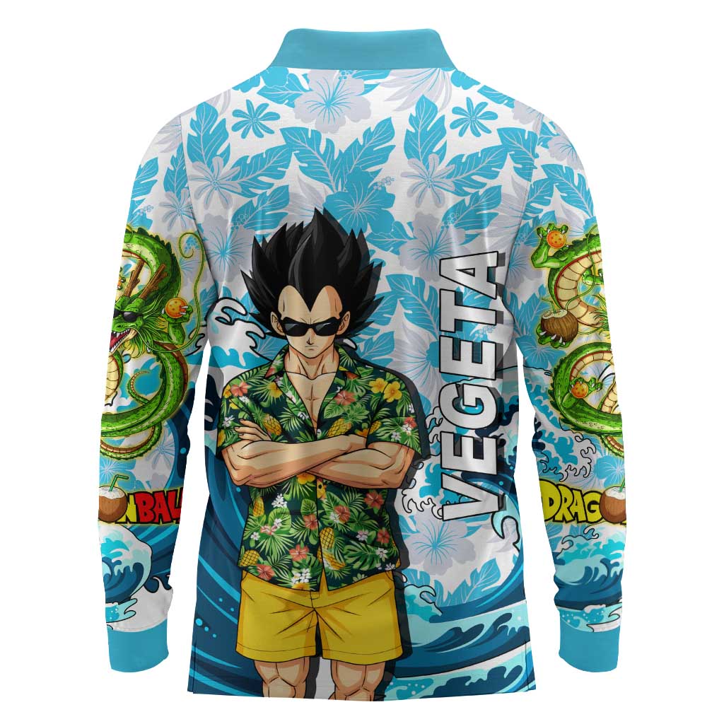 Vegeta Dragon Ball Summer Theme Long Sleeve Polo Shirt with Hawaiian Shirt Sunglasses Shenron and Ocean Wave Background - The Mazicc
