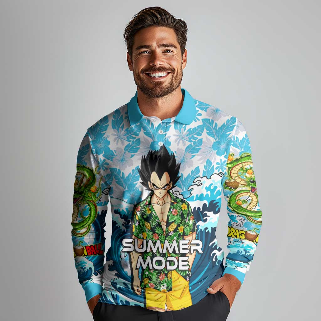 Vegeta Dragon Ball Summer Theme Long Sleeve Polo Shirt with Hawaiian Shirt Sunglasses Shenron and Ocean Wave Background - The Mazicc