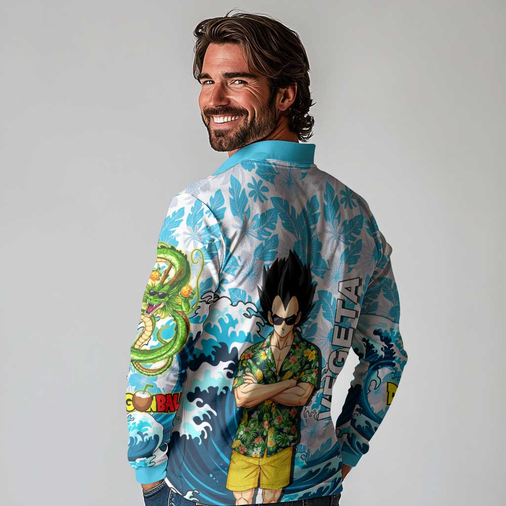Vegeta Dragon Ball Summer Theme Long Sleeve Polo Shirt with Hawaiian Shirt Sunglasses Shenron and Ocean Wave Background - The Mazicc