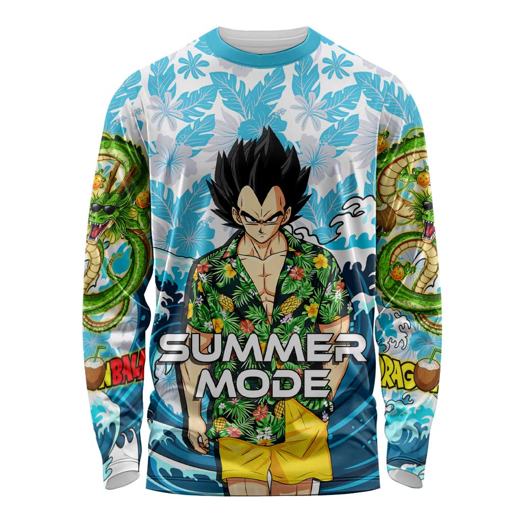 Vegeta Dragon Ball Summer Theme Long Sleeve Shirt with Hawaiian Shirt Sunglasses Shenron and Ocean Wave Background - The Mazicc