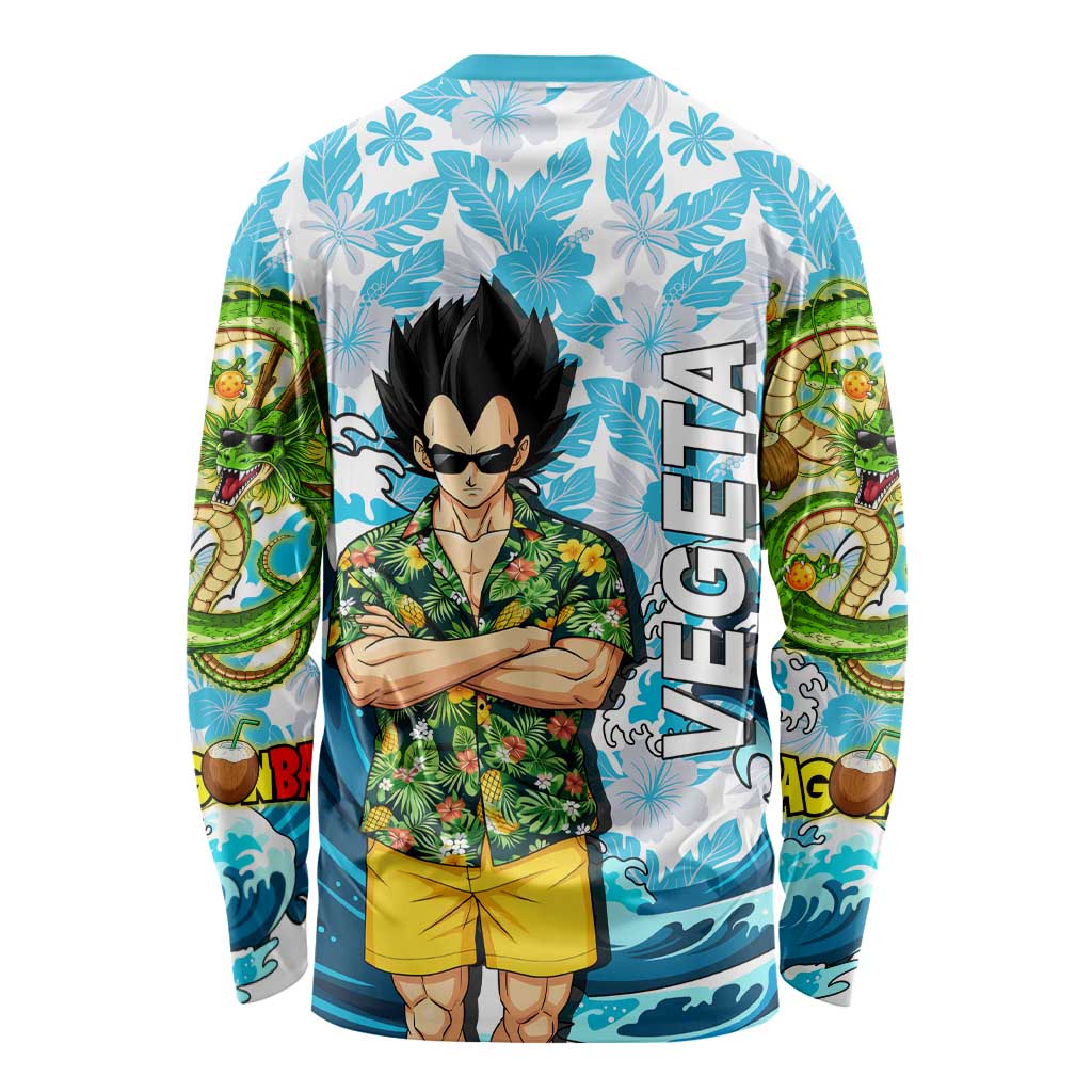 Vegeta Dragon Ball Summer Theme Long Sleeve Shirt with Hawaiian Shirt Sunglasses Shenron and Ocean Wave Background - The Mazicc