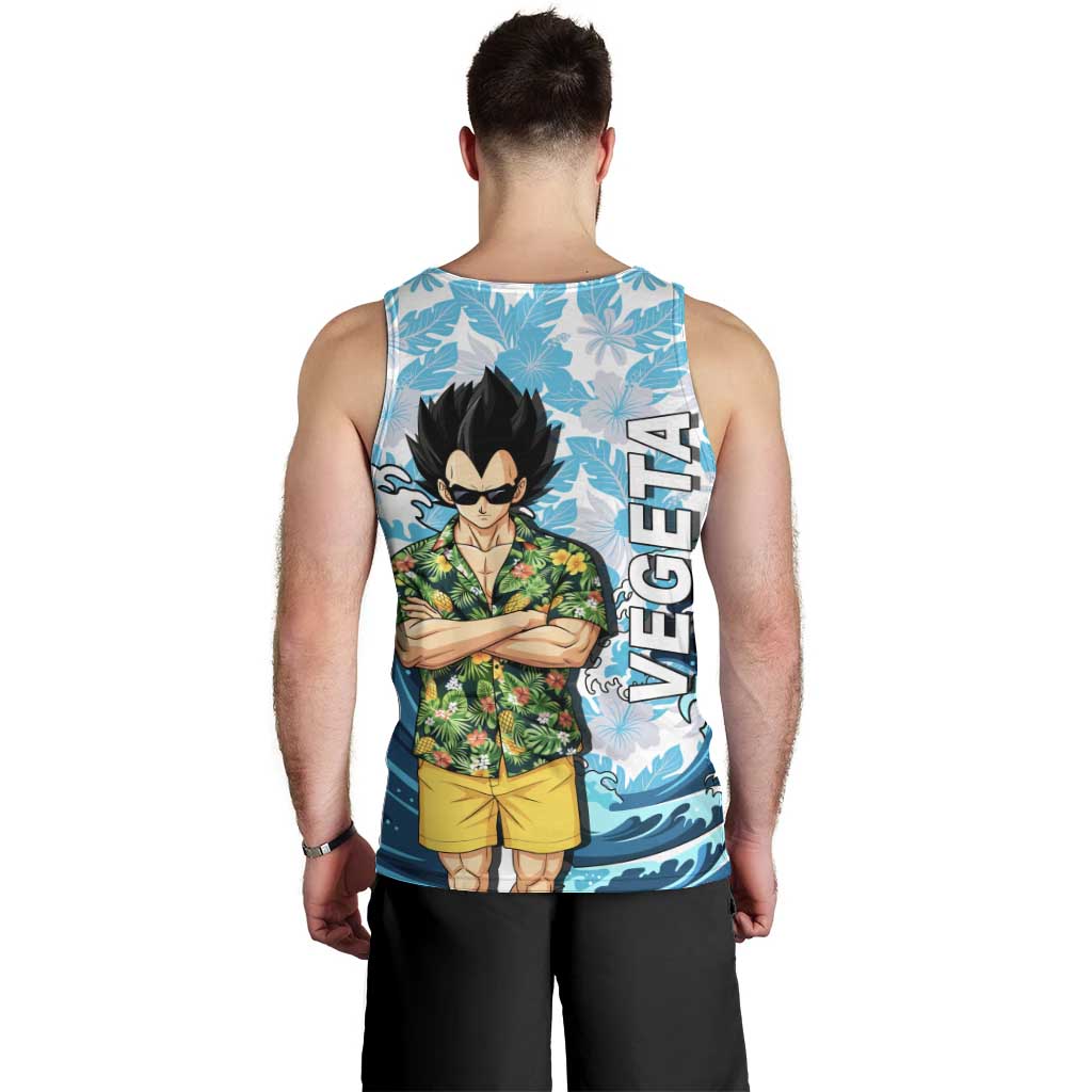 Vegeta Dragon Ball Summer Theme Men Tank Top with Hawaiian Shirt Sunglasses Shenron and Ocean Wave Background - The Mazicc