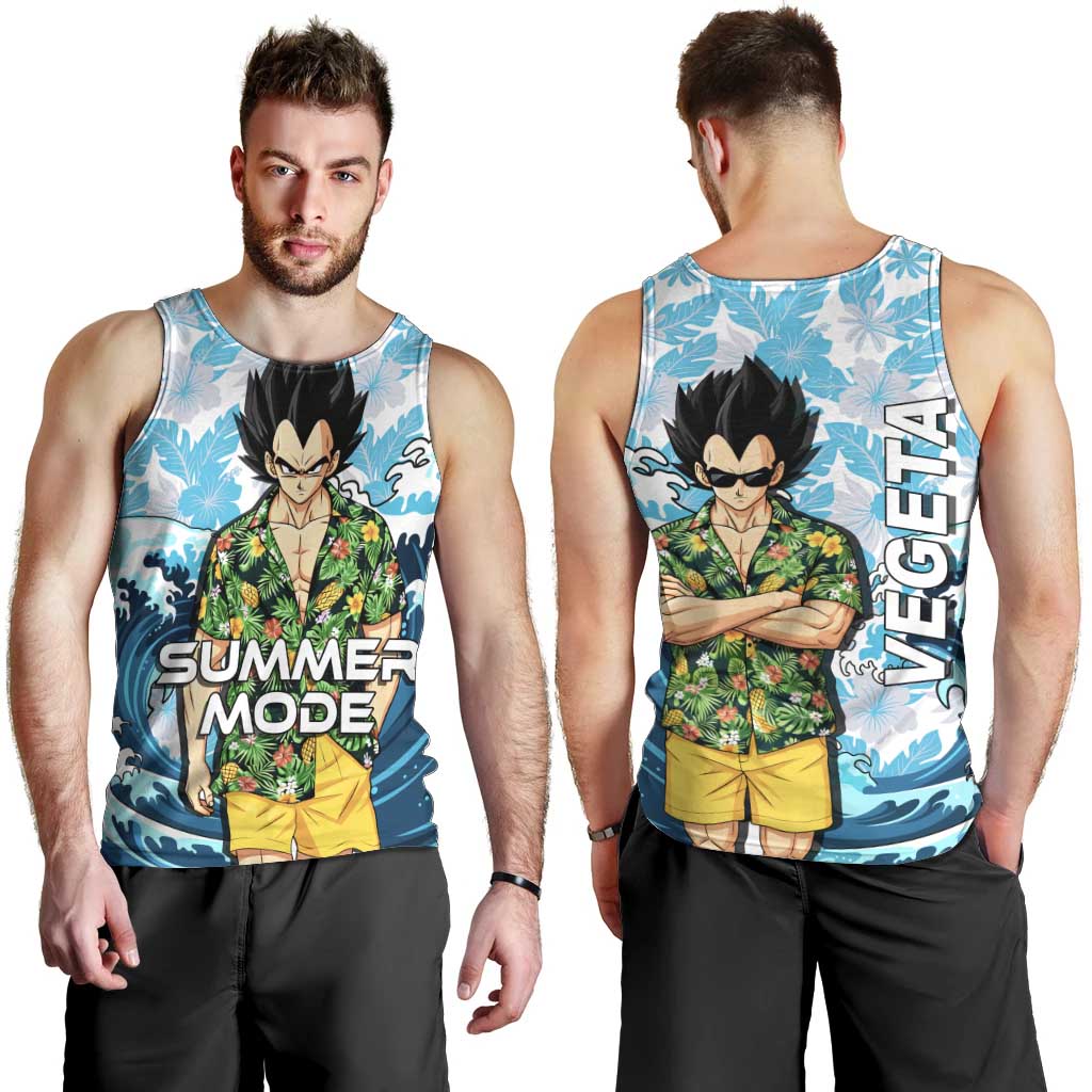 Vegeta Dragon Ball Summer Theme Men Tank Top with Hawaiian Shirt Sunglasses Shenron and Ocean Wave Background - The Mazicc