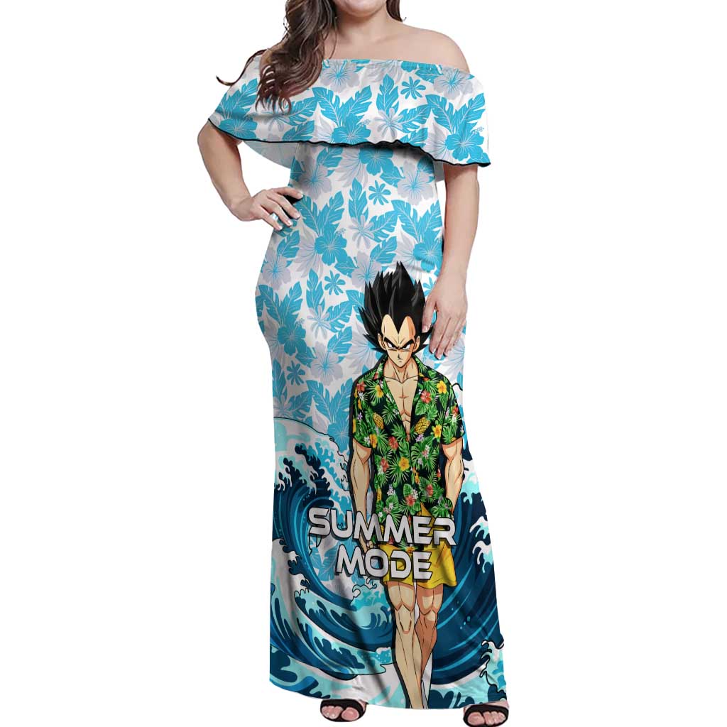 Vegeta Dragon Ball Summer Theme Off Shoulder Maxi Dress with Hawaiian Shirt Sunglasses Shenron and Ocean Wave Background - The Mazicc