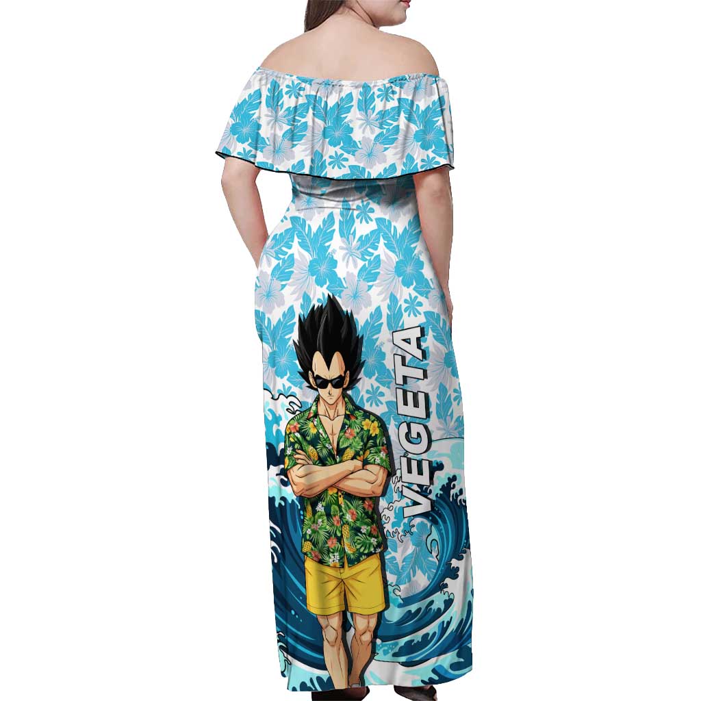 Vegeta Dragon Ball Summer Theme Off Shoulder Maxi Dress with Hawaiian Shirt Sunglasses Shenron and Ocean Wave Background - The Mazicc